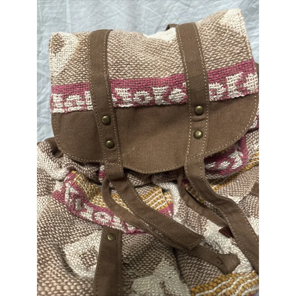 Roxy Drifter Rucksack Woven Boho Drawstring Neutral Tan‎ Pink Hippy Backpack Bag